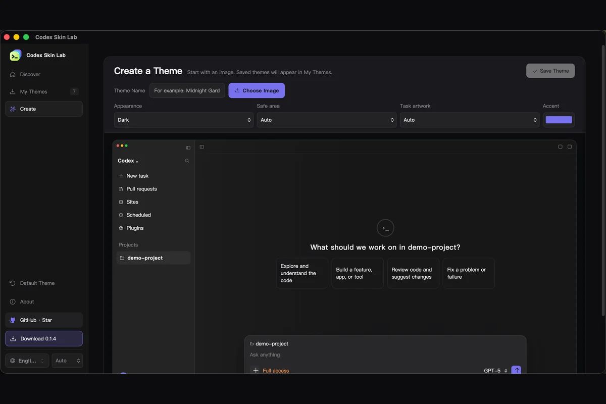 Dark Codex Skin Lab Create Theme screen with controls and a live Codex workspace preview
