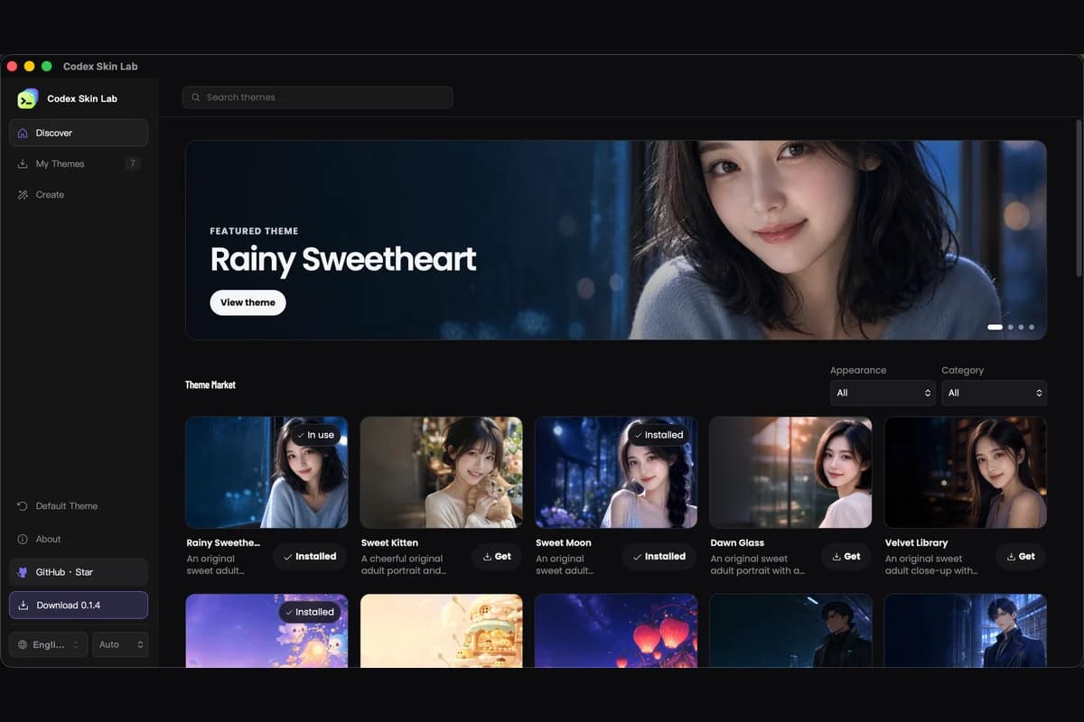 Dark Codex Skin Lab Discover screen with search, featured theme, filters, and theme cards