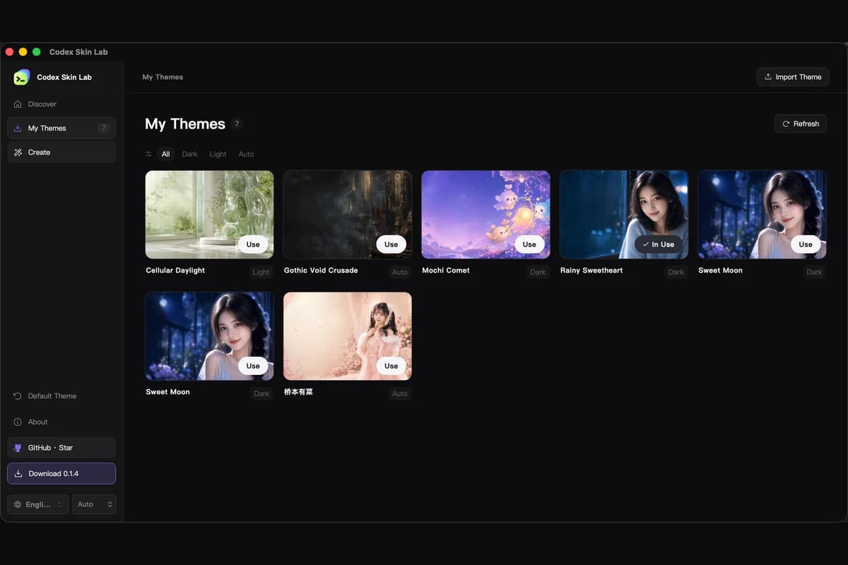 Dark Codex Skin Lab My Themes screen showing installed themes and the active theme